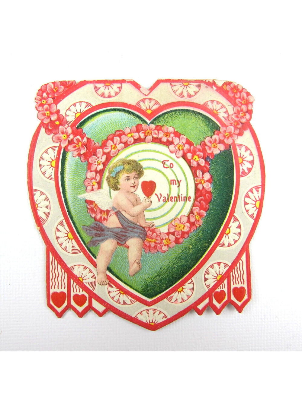 Vintage Valentine Card Die cut Blonde Cupid Target Red Heart Bullseye Flowers